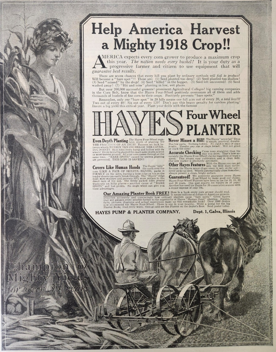 Farming Hayes Four Wheel Planter Galva Illinois Antique 1918 Magazine Print Ad