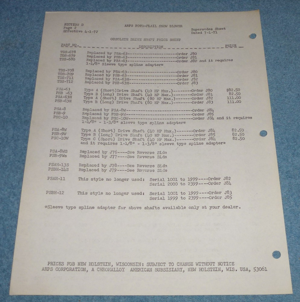Vintage Arps Corp Roto-Flail Snow Blower Price List April 1972 New Holstein WI