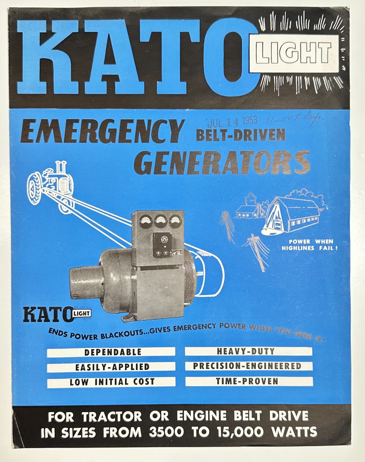 1950s Katolight Emergency Belt Driven Generators Kato Engineering Co Brochure