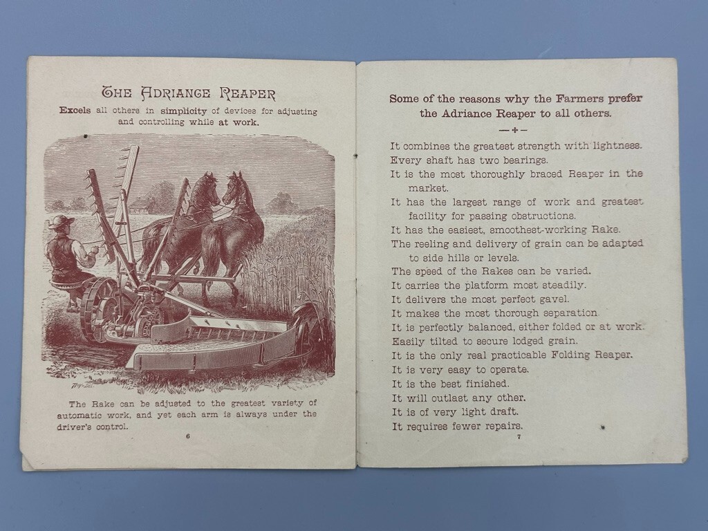 1885 BUCKEYE Works MOWER Reaper Adriance Platt FARM Advertising Trade Card Era