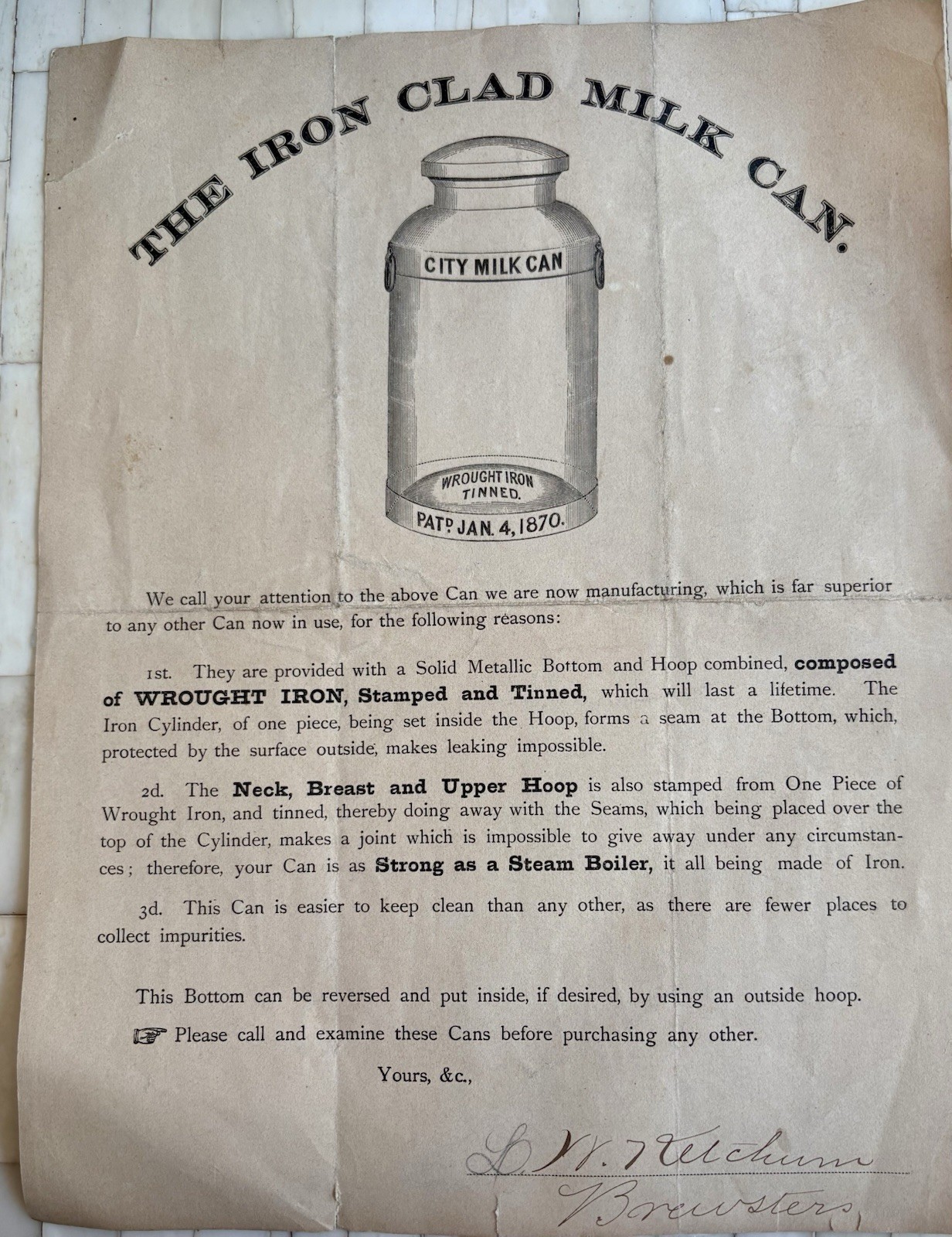 1870 Handbill for The Iron Clad Milk Can Patented Dairy Farm Collectibles