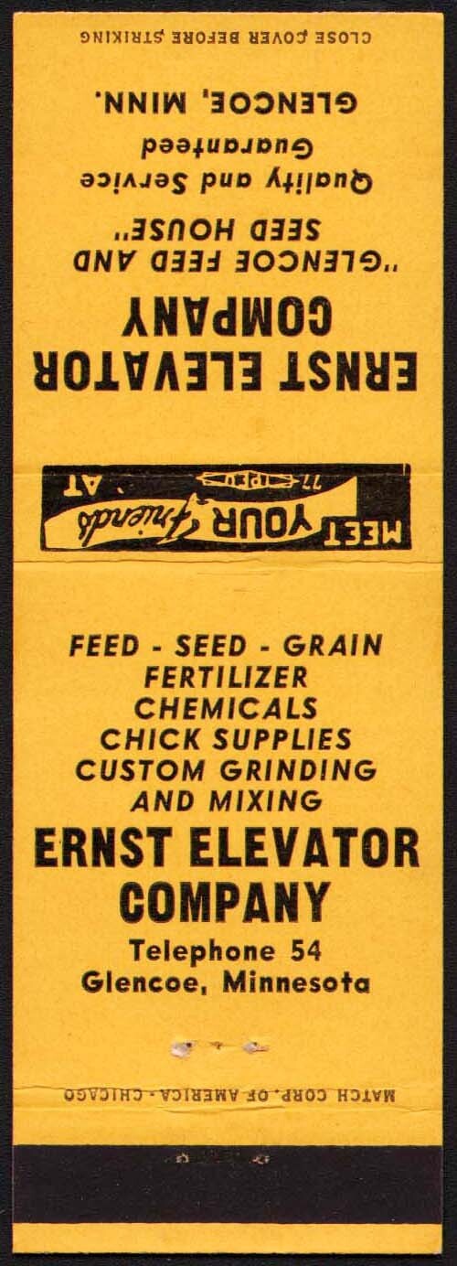 Vintage matchbook cover ERNST ELEVATOR Glencoe Feed Seed Glencoe Minnesota nrmt