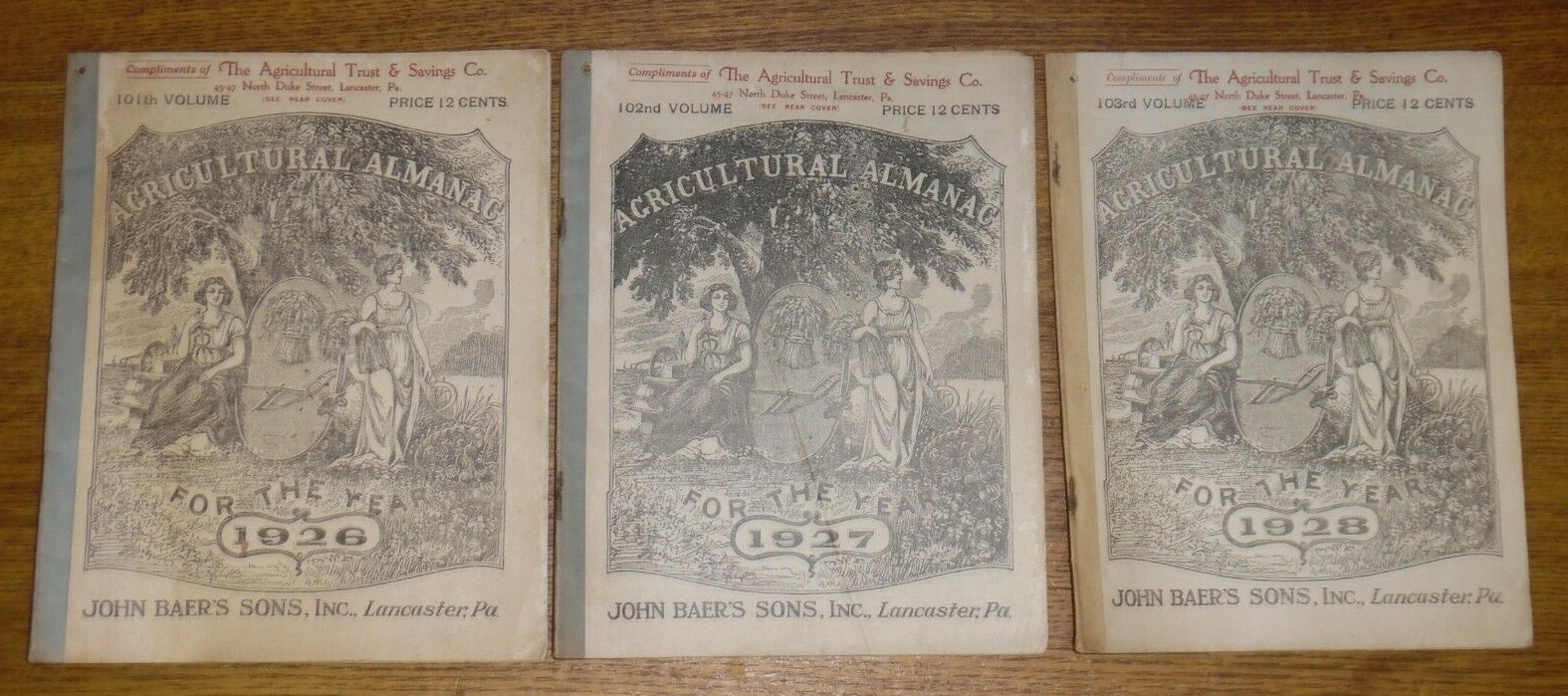 3 Old Agricultural Almanacs – John Baer&rsquo;s Sons Lancaster PA – Vol. 101 102 103