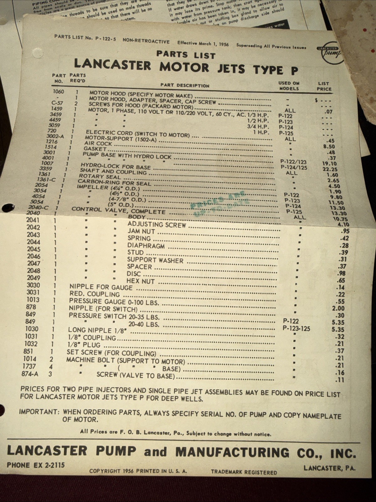 Lancaster Motor Jet Type P for Deep Wells Parts List Installation Instructions