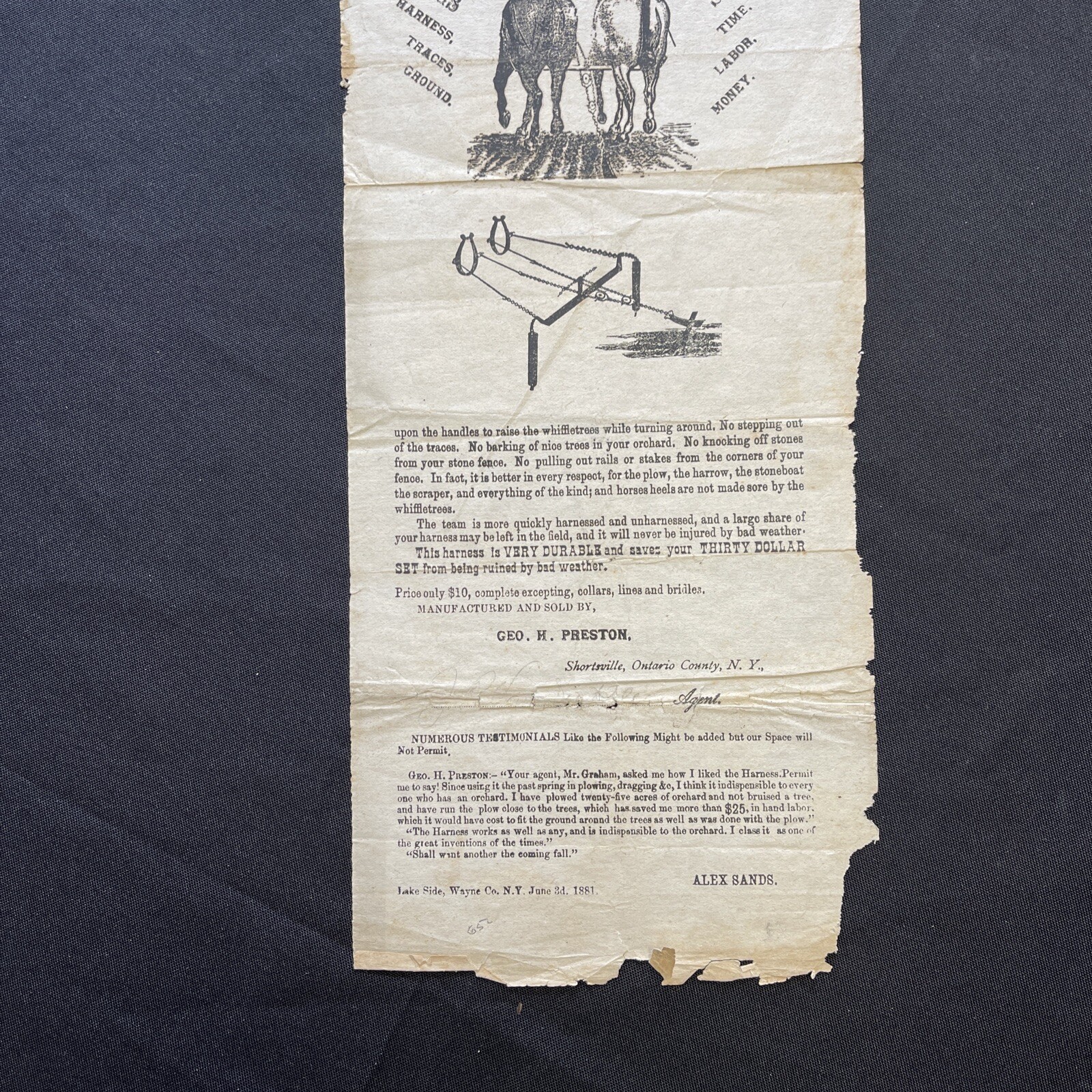 1881 Coleman&rsquo;s Plow Harness Broadside Shortsville New York Farm Machinery