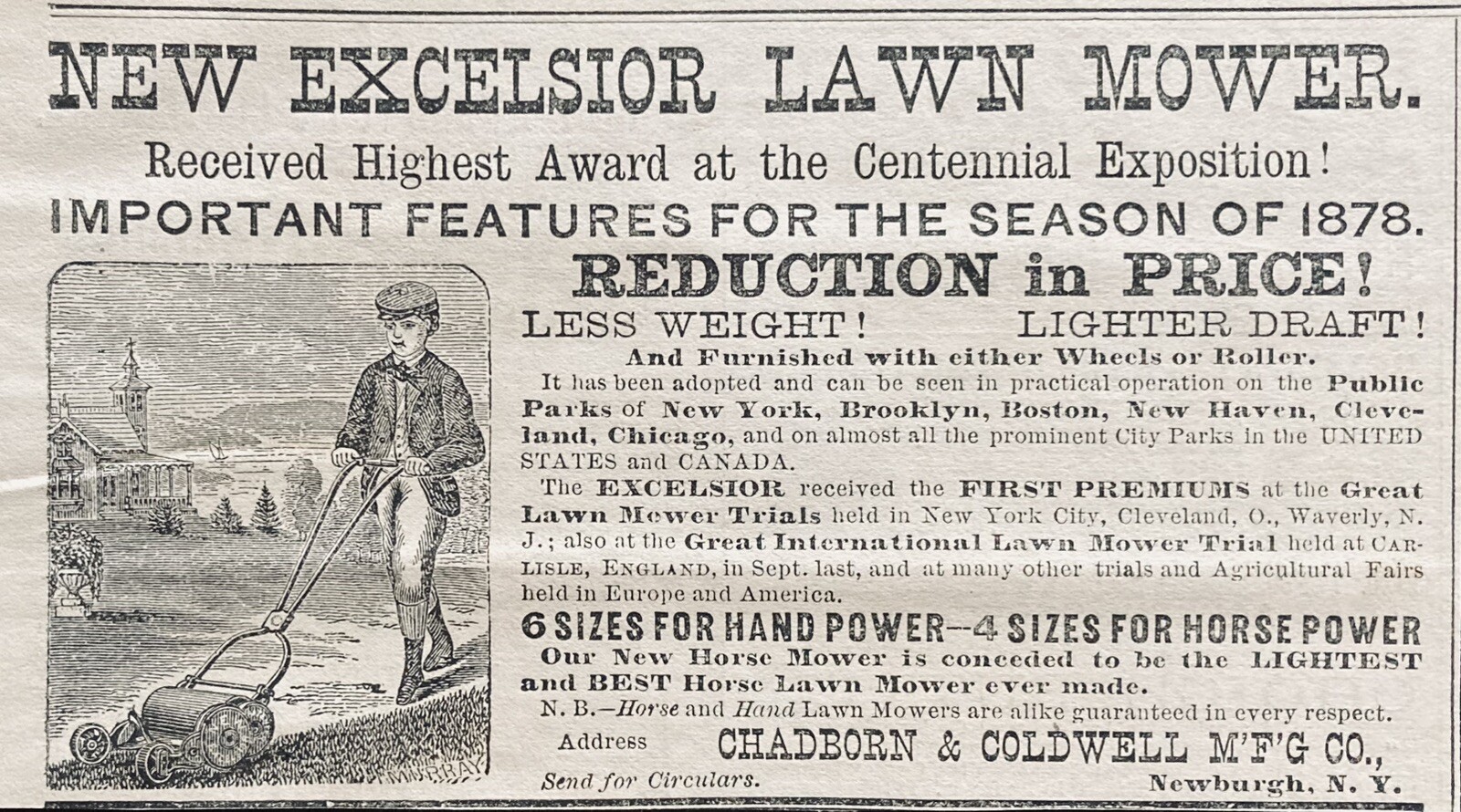1878 AD.(XH64)~CHADBORN & COLDWELL MFG. CO. NEWBURGH, NY. “EXCELSIOR” LAWN MOWER