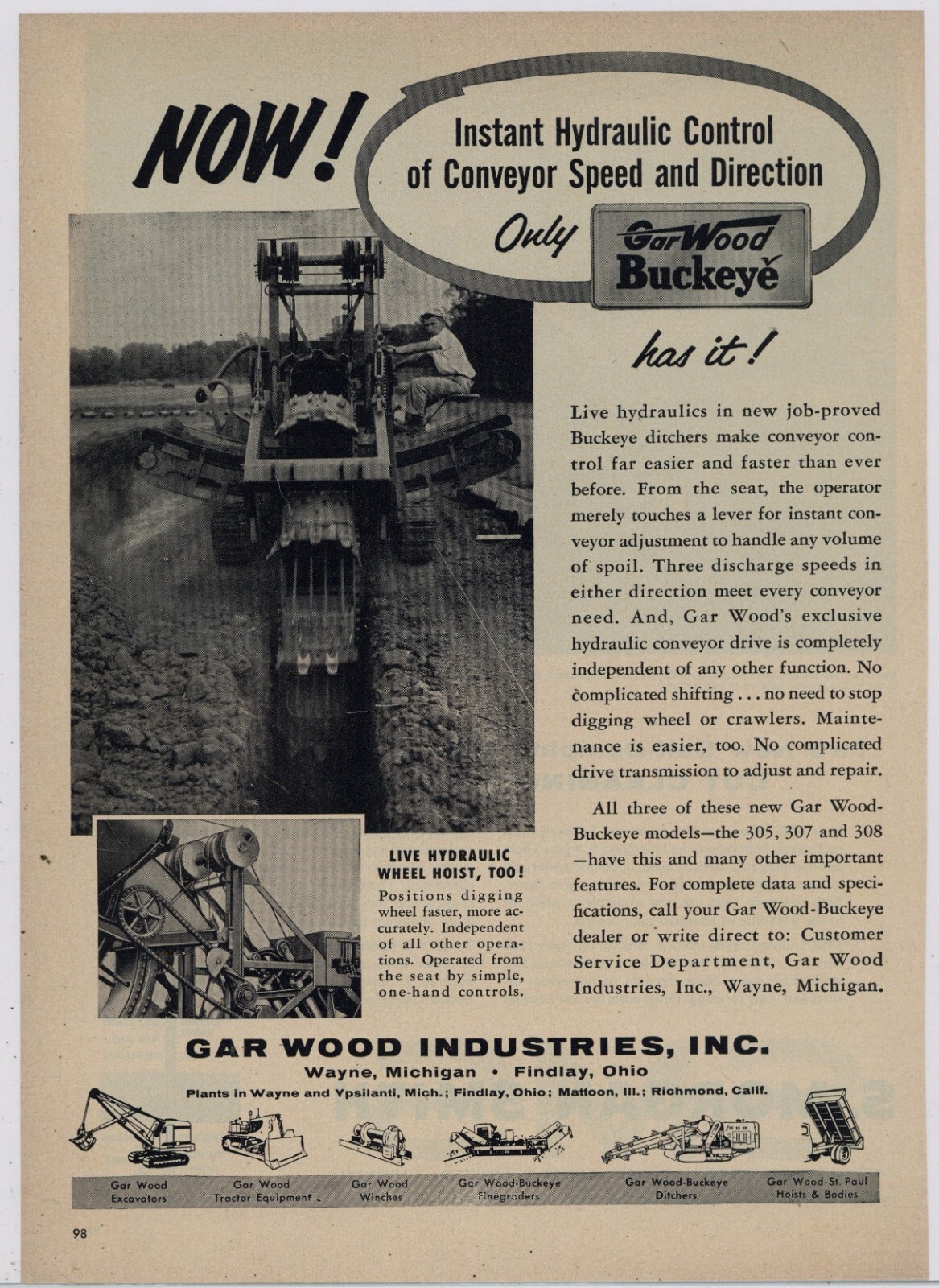 1956 Gar Wood Ad: Buckeye Ditchers – Models 305, 307, 308 – Wayne MI & Findlay
