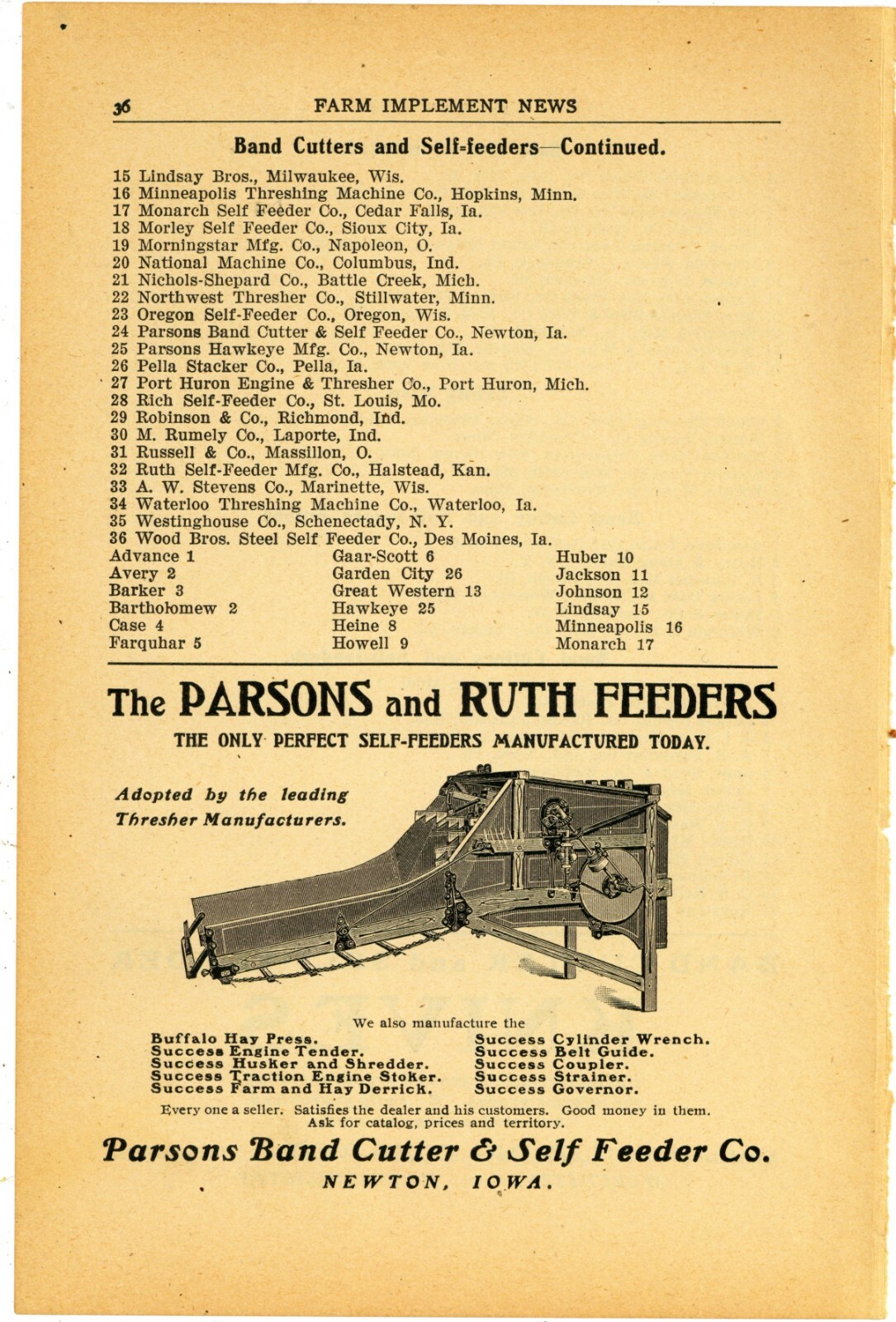 1905 Parsons Band Cutter & Self Feeder Co. Ad: Parsons & Ruth Feeder – Newton IA