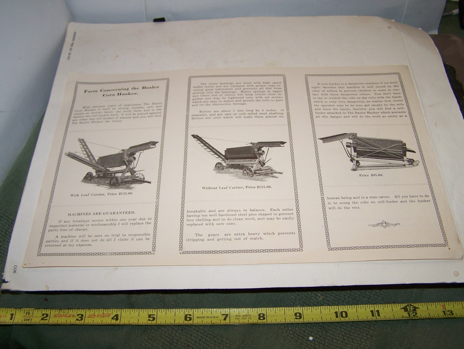 NOS WM BASLER CORN HUSKER Sales Brochure Pamphlet Allenton WI Hit Miss Engine