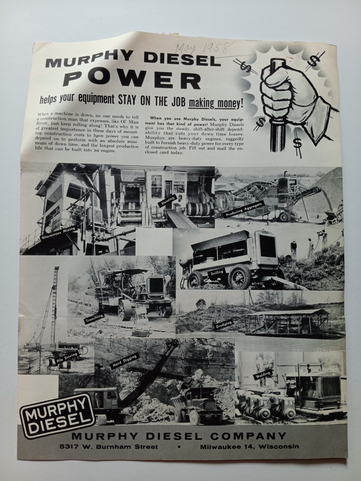 Vintage Murphy Diesel Engines Sales Mailer Advertising Wisconsin 1950s