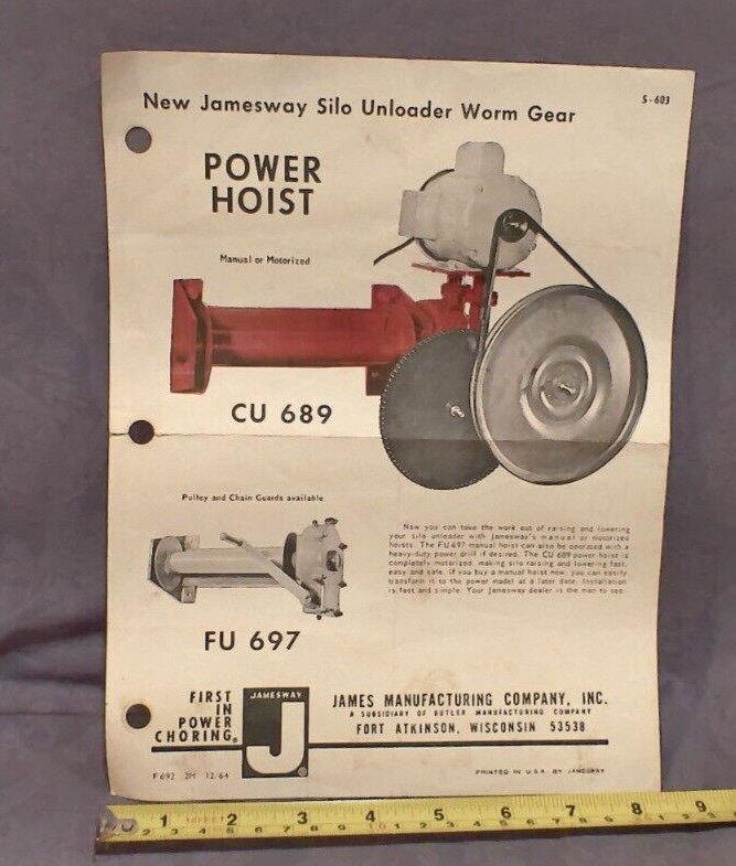 James Manufacturing Company, Inc. Silo Unloader Worm Gear Power Hoist Brochure