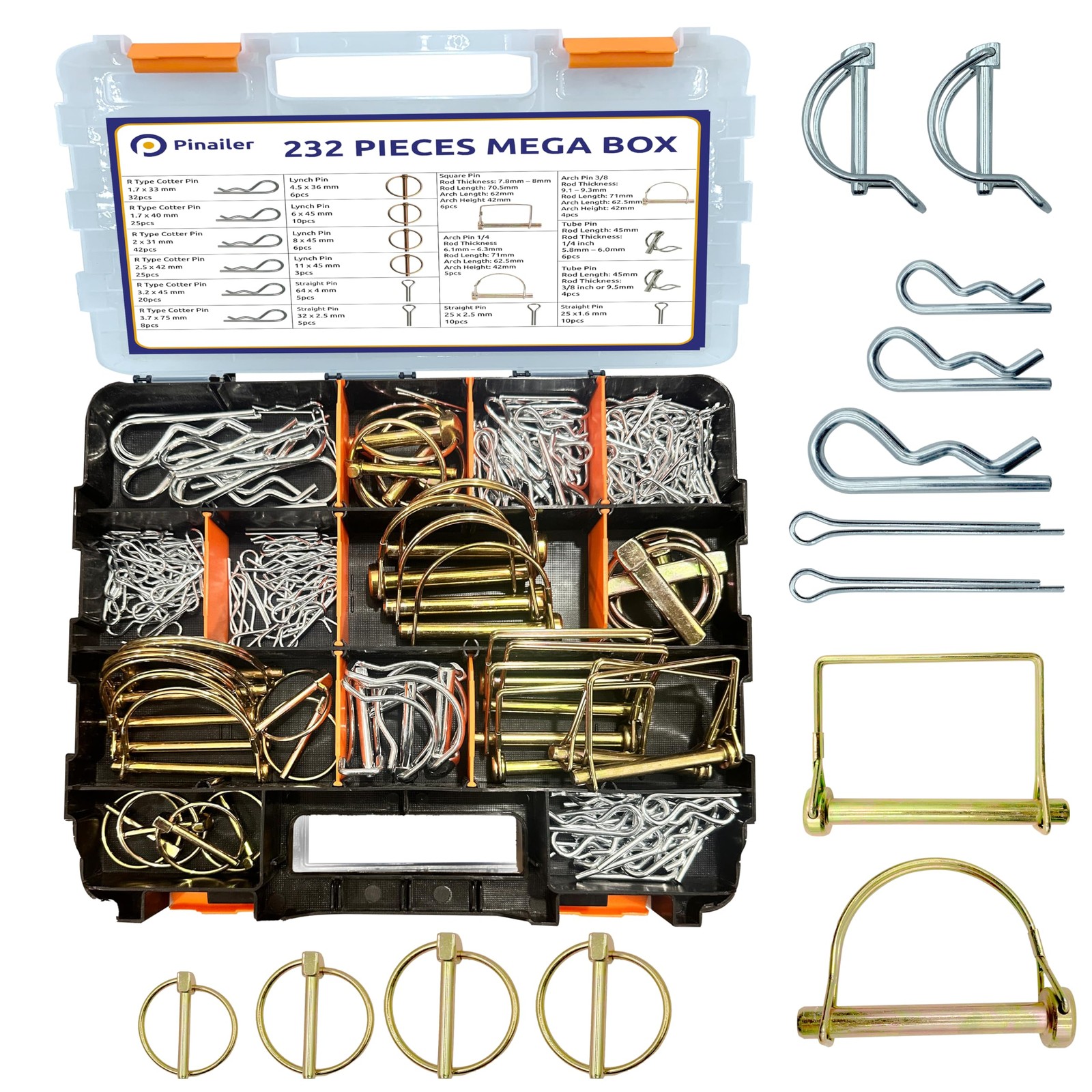 232pc Trailer Hitch Pins Lynch Pins PTO 3 Point Tractor Lawn Mower Snow Plow Hea