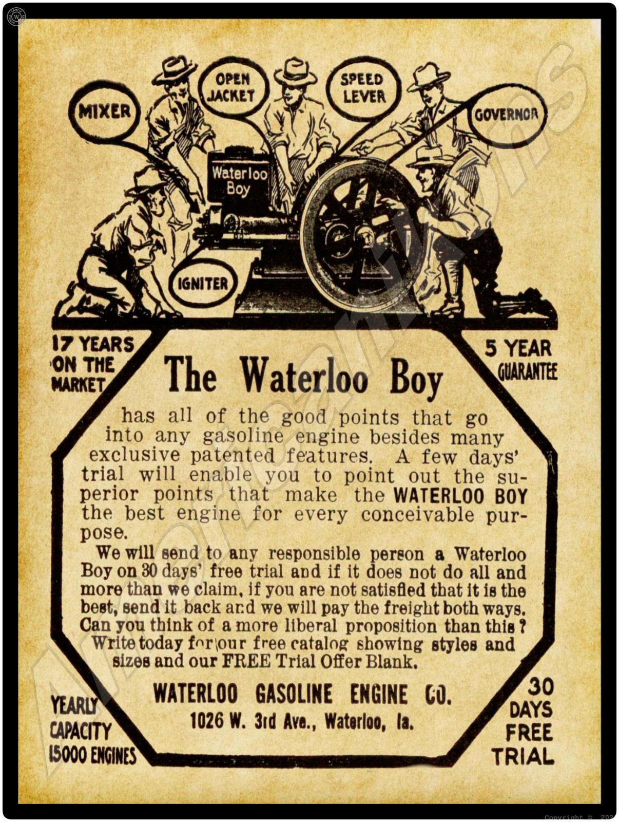 1910 Waterloo Boy Gasoline Engines of Iowa NEW Metal Sign: 15×20&Prime; USA Steel