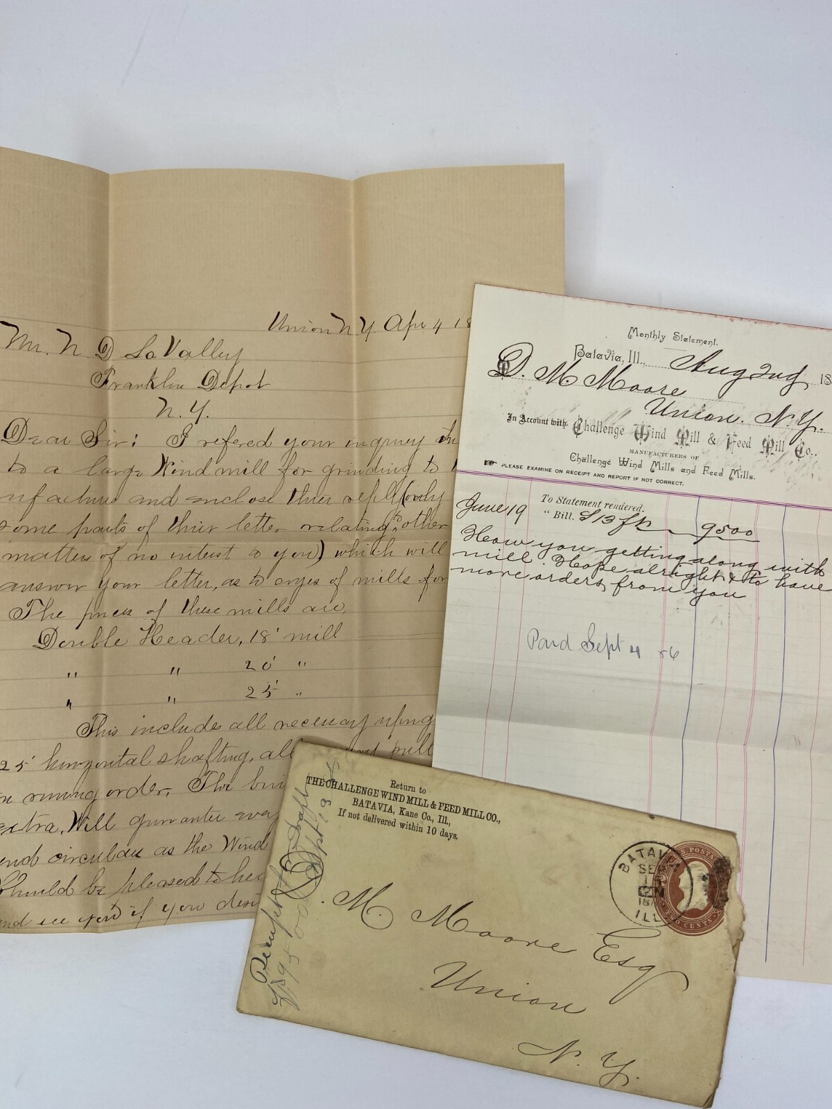 HUGE ARCHIVE Advertising Ephemera Letters – Challenge Wind Mill 1883- Batavia IL