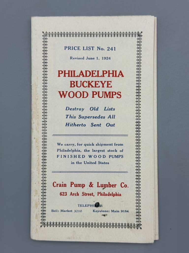 1924 PHILADELPHIA BUCKEYE WOOD PUMPS Crain Lumber FARM Advertising Brochure