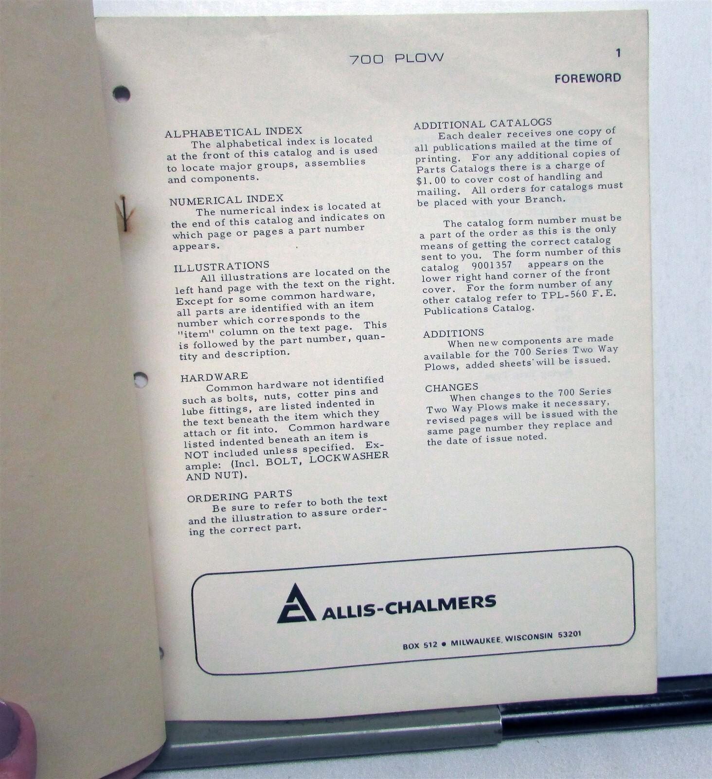 1970 Allis Chalmers Two Way Plows 700 Series Specifications Parts Catalog