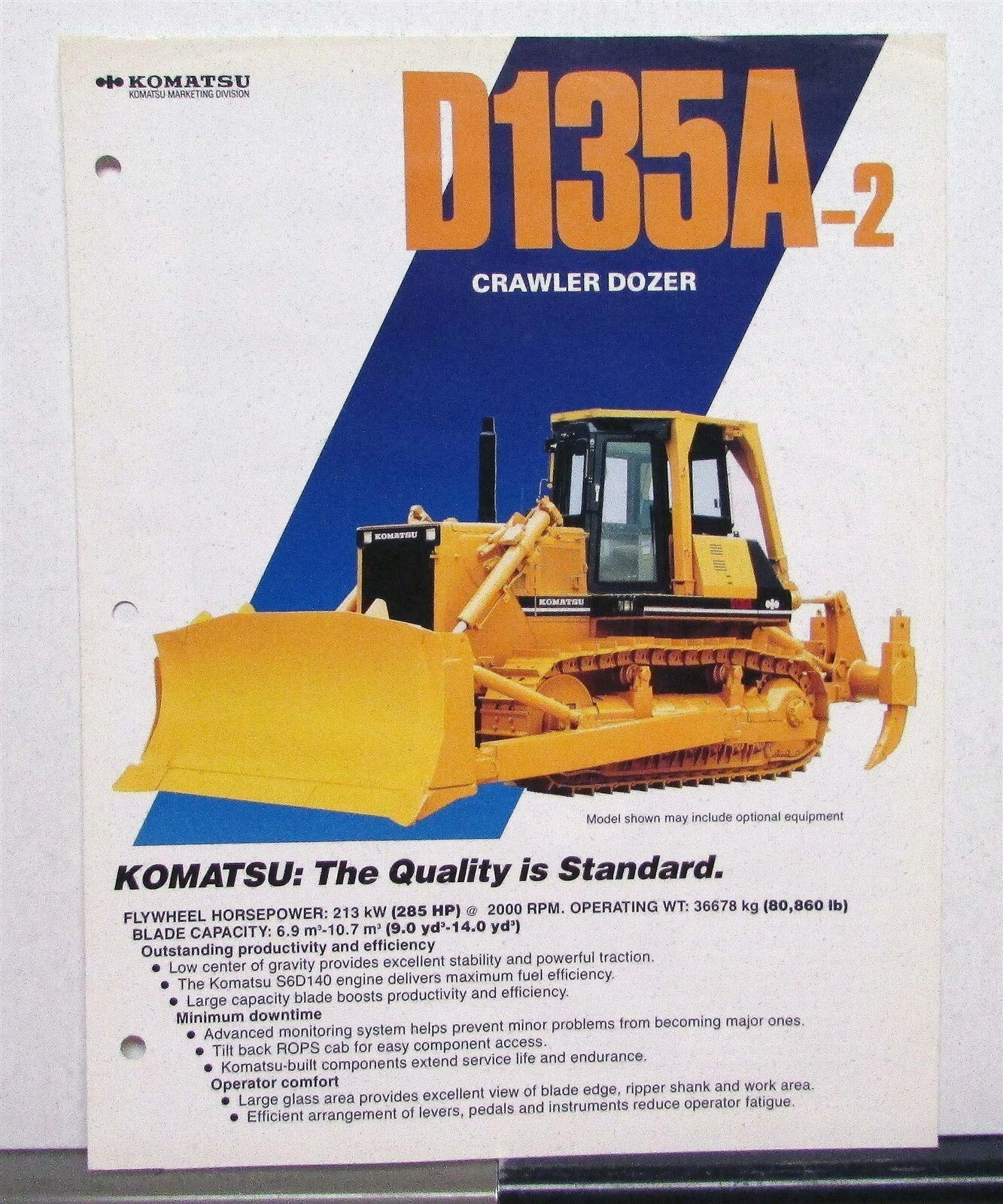 1990 Komatsu D135A-2 Crawler Dozer Specifications Construction Sales Brochure