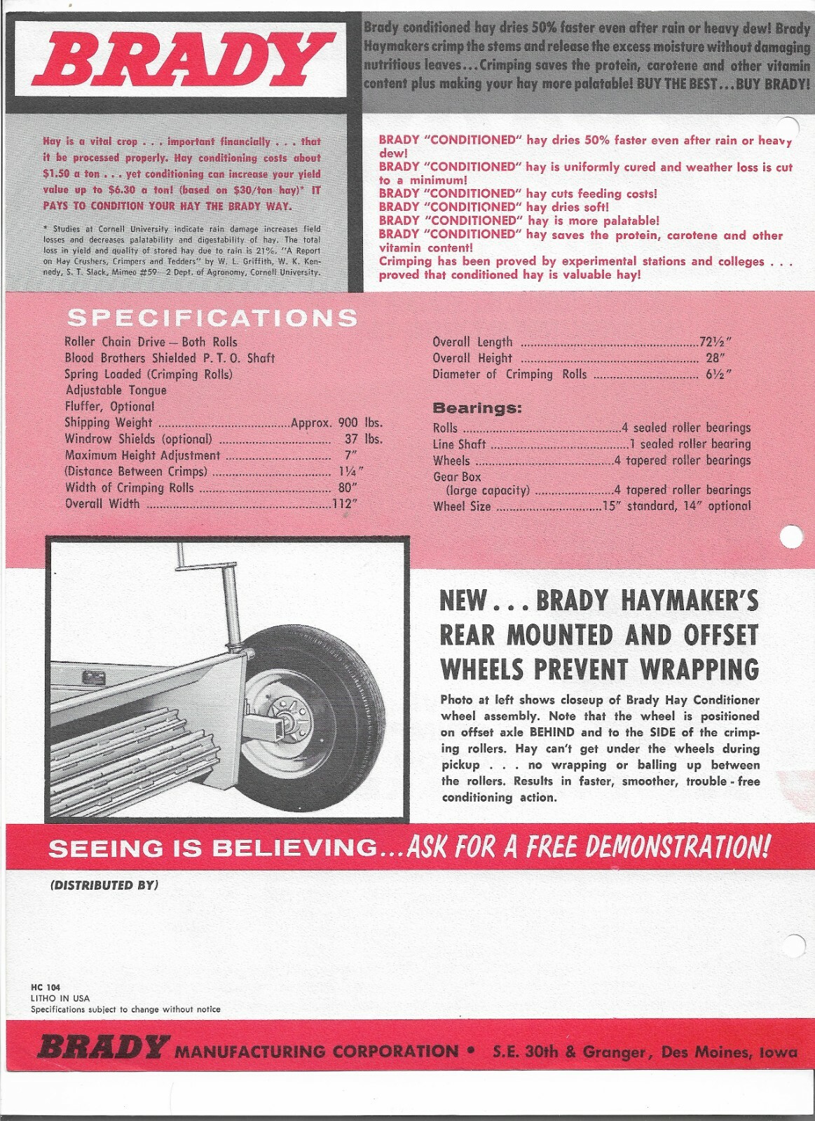 Original OE OEM Brady Model HC104 Haymaker Sales Brochure Form Number HC104