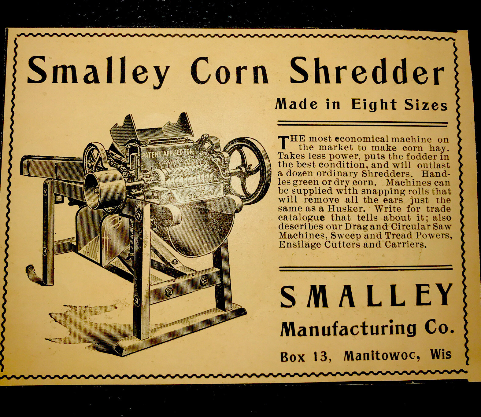 1903 Smalley Corn Shredder Farm Advertising – Manitowoc – Wisconsin
