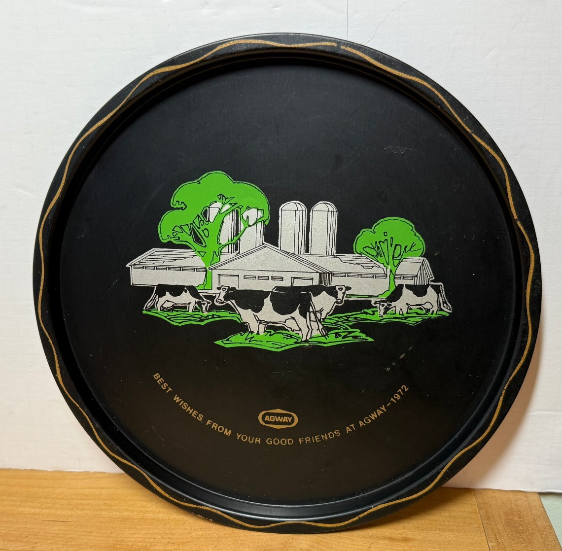 AGWAY 1972 Tin Metal Serving Tray Farm & Cows BEST WISHES FROM YOUR GOOD FRIENDS