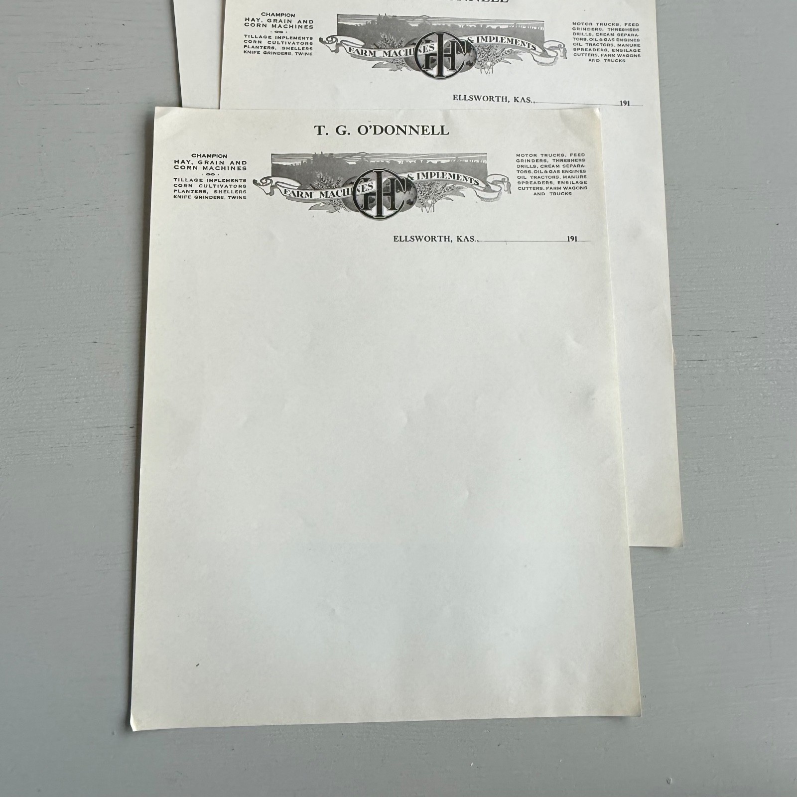 3 Vintage T.G. O&rsquo;Donnell Letterhead Advertising Ellsworth KS Farm Implements