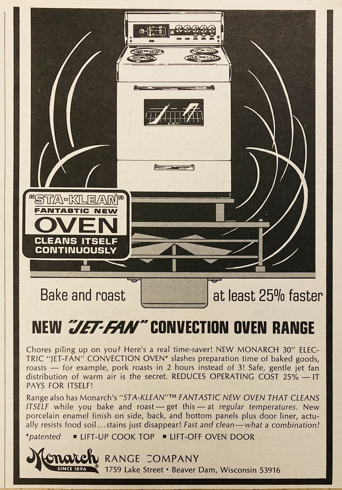 1969 AD.(XH78)~MONARCH RANGE CO. BEAVER DAM, WISC. NEW “JET-FAN” OVEN RANGE