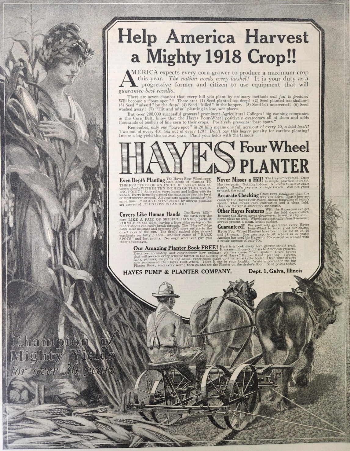 Farming Hayes Four Wheel Planter Galva Illinois Antique 1918 Magazine Print Ad