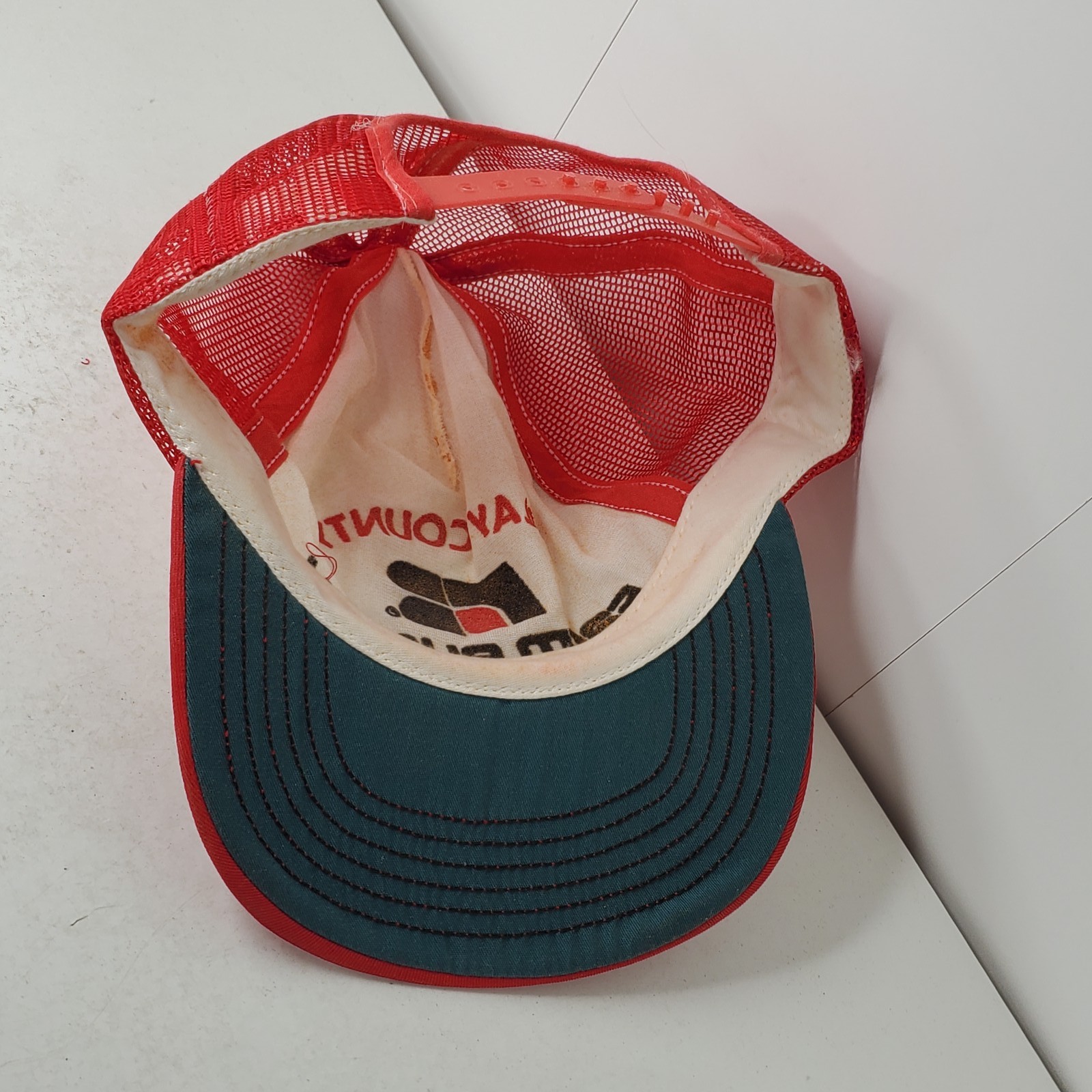Vintage Clay County Farm Bureau Insurance Trucker Hat Red White Mesh Snapback