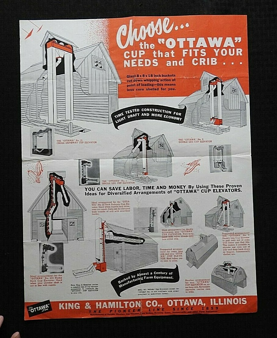1950&rsquo;s « OTTAWA BIGGEST CAPACITY GRAIN CUP ELEVATOR » FOLD-OUT POSTER BROCHURE IL