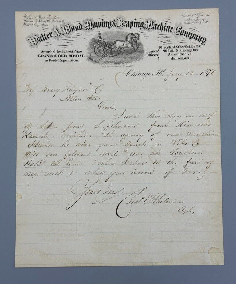 1870 Walter A Wood MOWING & REAPING MACHINE Co Farm Advertising Letter Antique