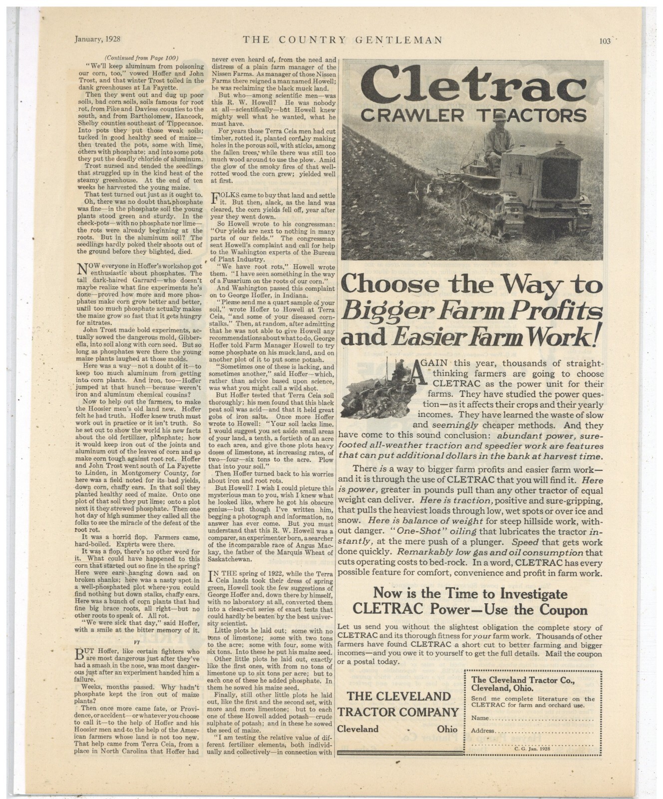 1928 Cleveland Tractor Co. Ad: CLETRAC – Bigger Farm Profits, Easier Farm Work