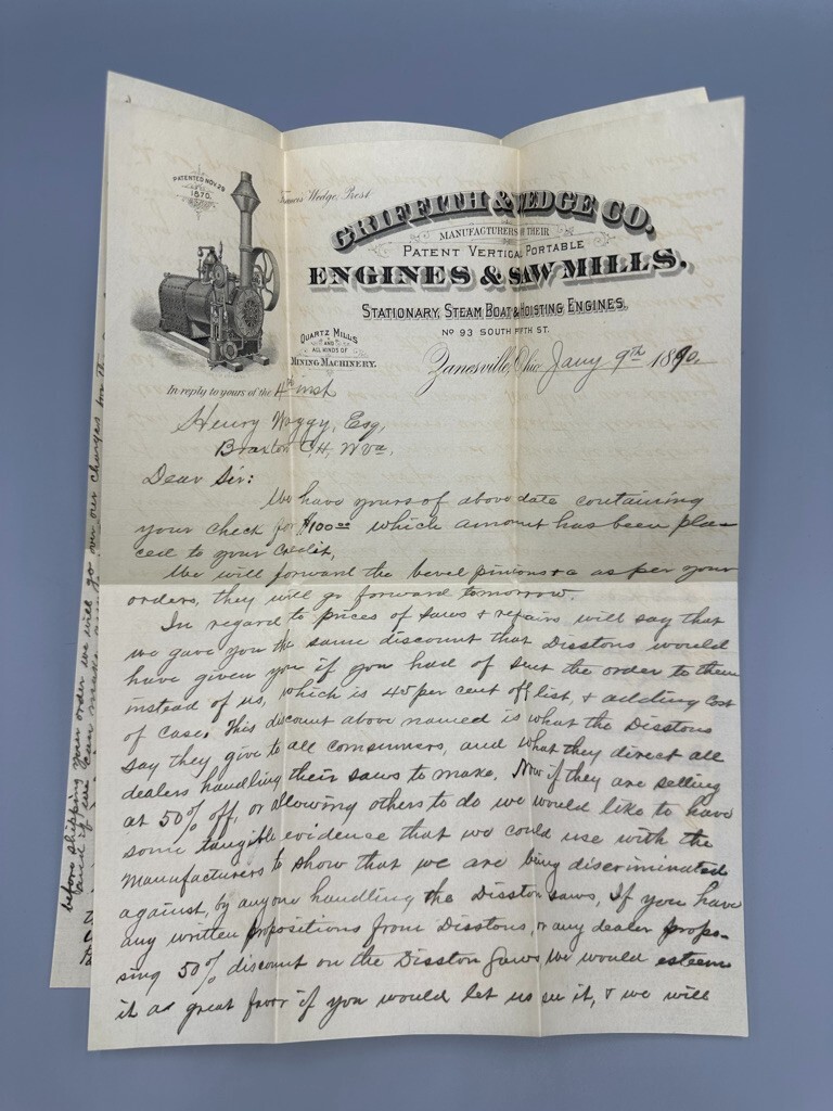 1890 Griffith & Wedge ENGINES SAW MILL Advertise FARM Postal Cover ZANESVILLE OH