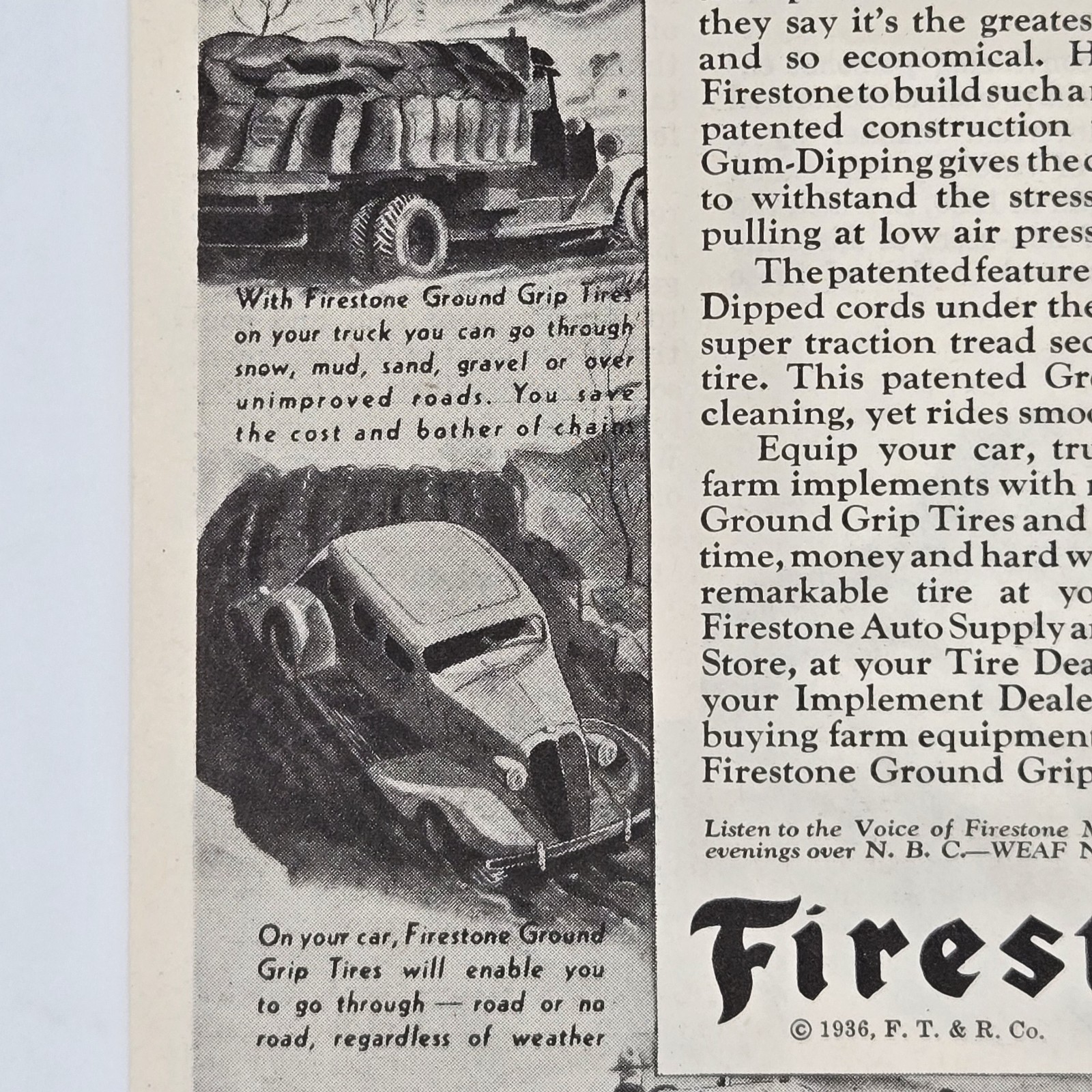 1936 Firestone Ground Grip Tires Hunting Farming Mudding Print Ad 8 x 11.5&Prime;