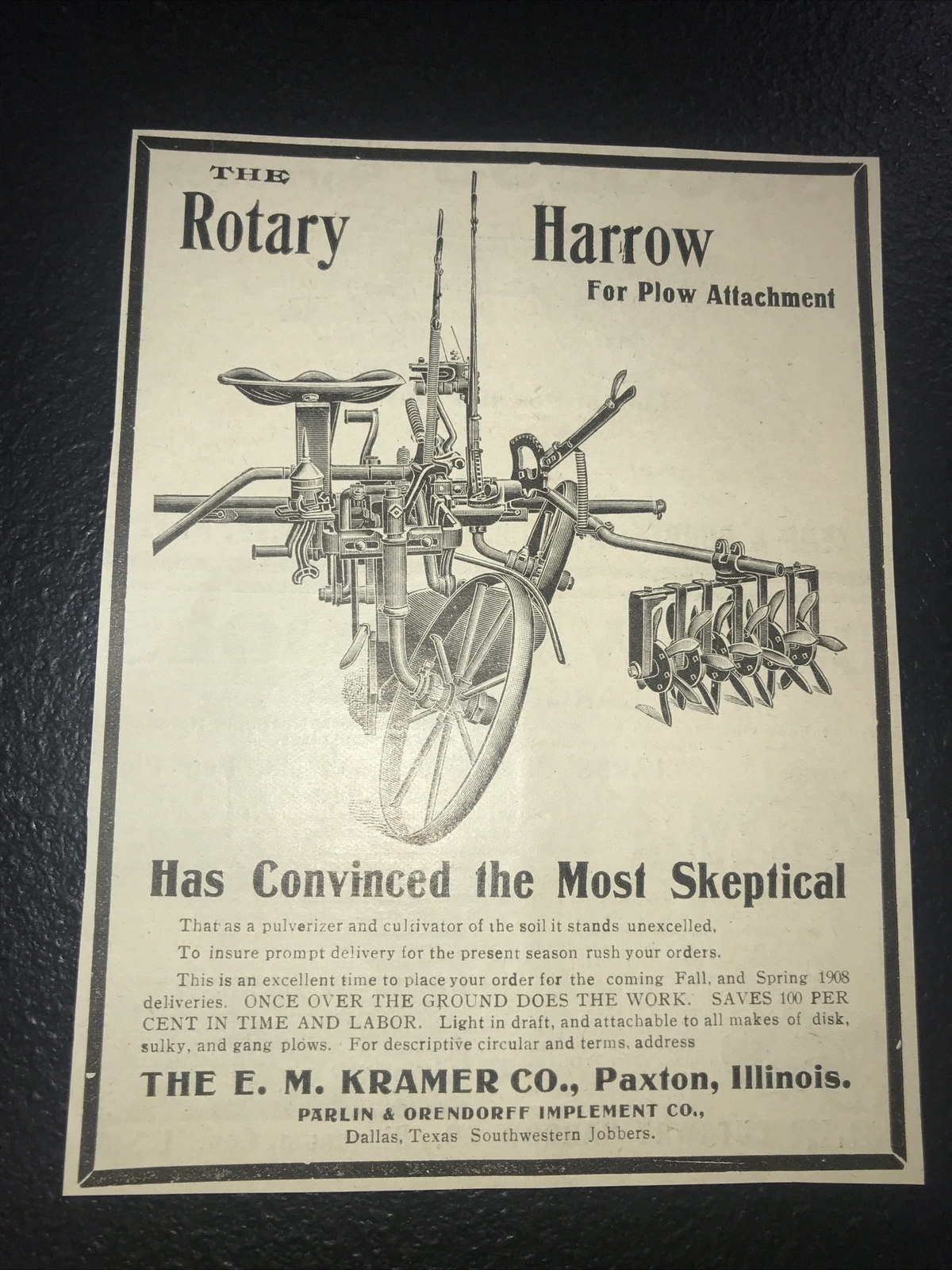 1907 Kramer Rotary Harrow Farm Advertising – Paxton – Illinois