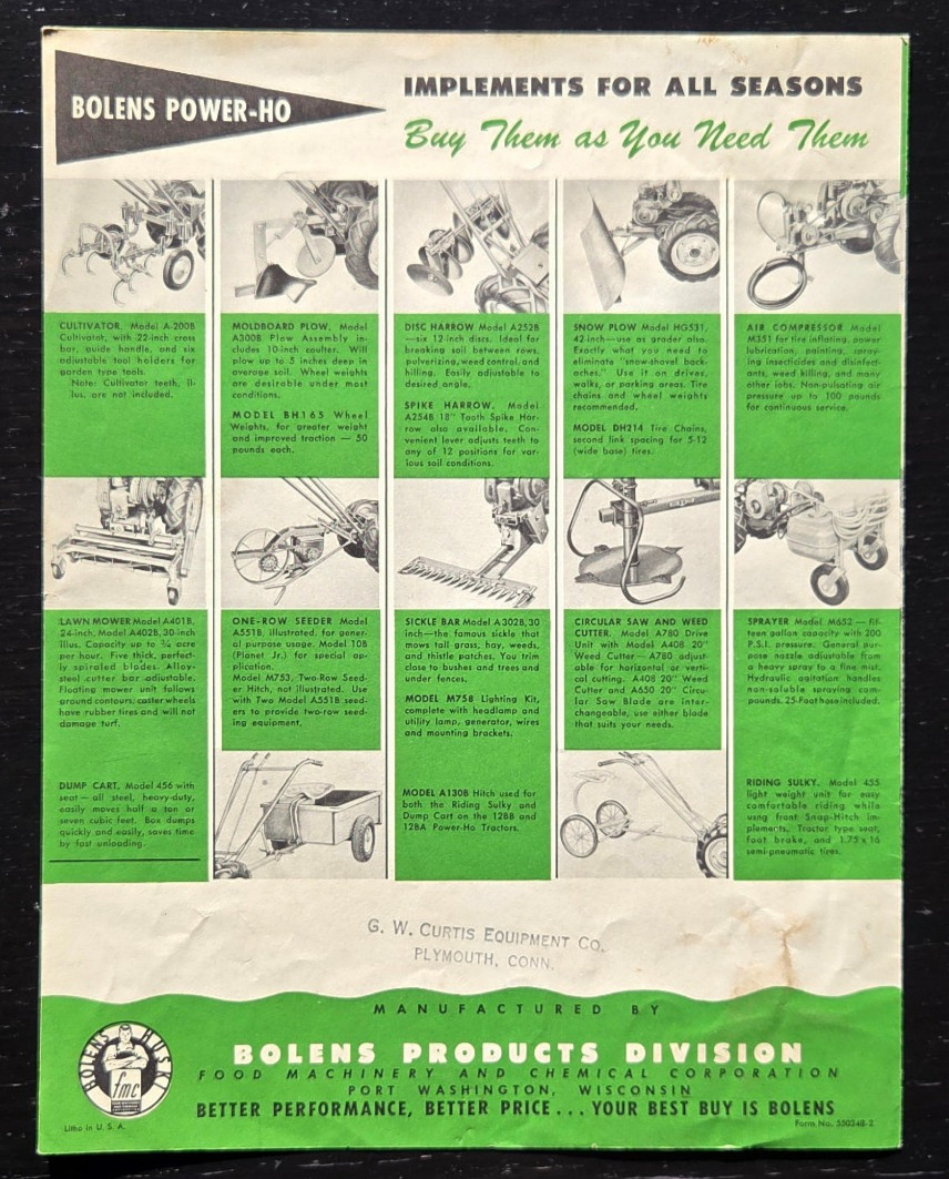 1955 BOLENS POWER-HO GARDEN TRACTOR SALES COLOR BROCHURE « MORE FOR YOUR MONEY »