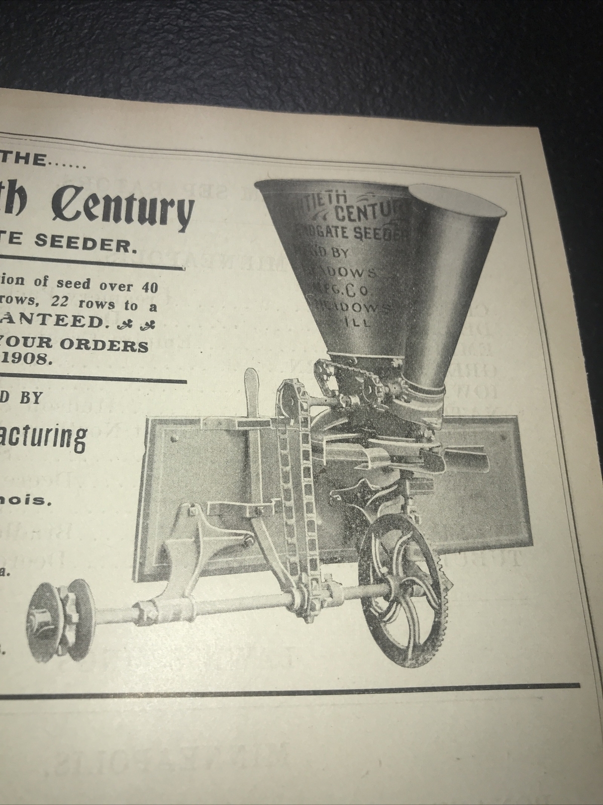 1908 Twentieth Century Seeder Farm Advertising – Meadows – Illinois