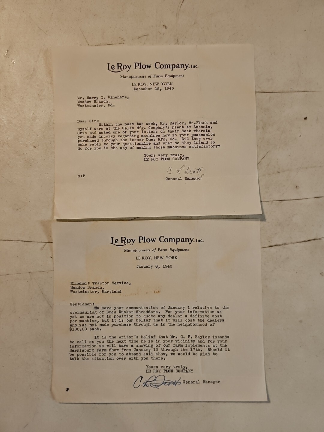 Pair Of 1946 Le Roy Plow Company Letters To Customer.