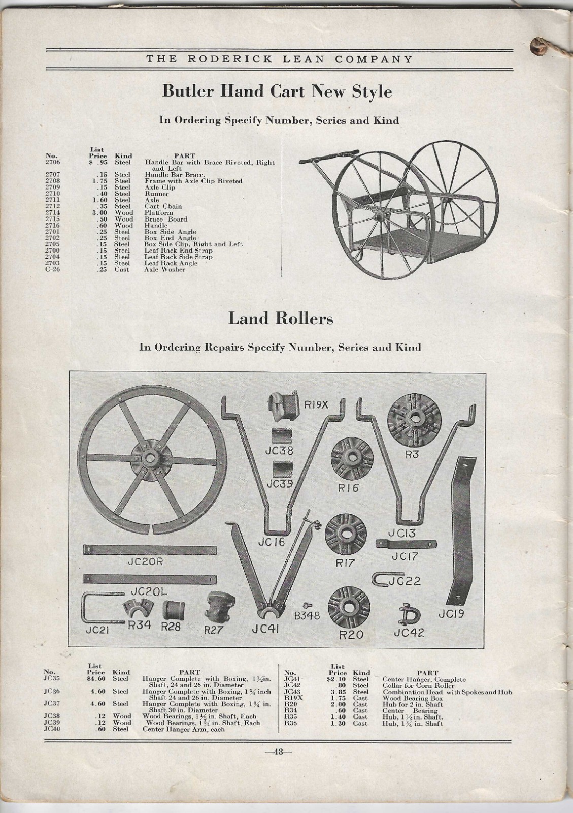 1929 RODERICK LEAN Repair Parts Price List AGRICULTURAL IMPLEMENTS Catalog #33