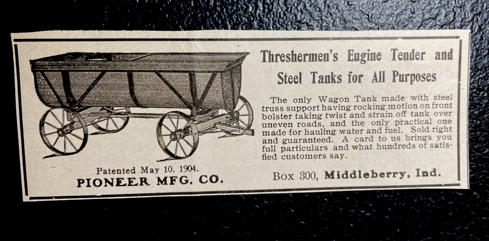ORIGINAL 1907 Pioneer Steel Tank Farm Advertising – Middleberry – Indiana