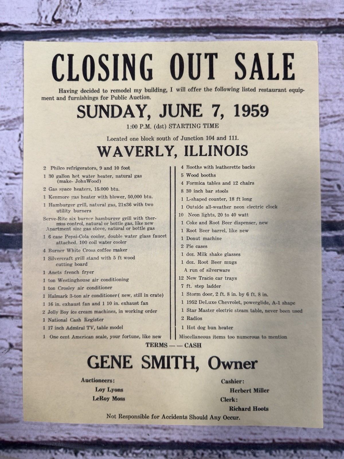 VTG Closing Out Sale Restaurant Equipment 1959 Waverly IL Auction Sale Flyer