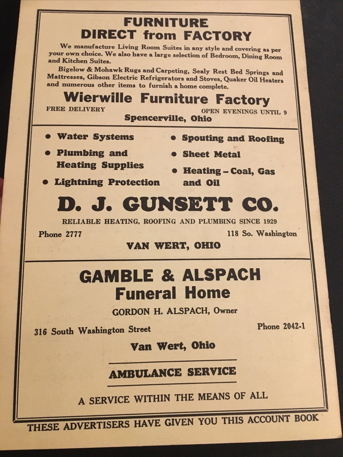 1950 Van Wert Ohio Unused Farm Account Book Springfield Ads