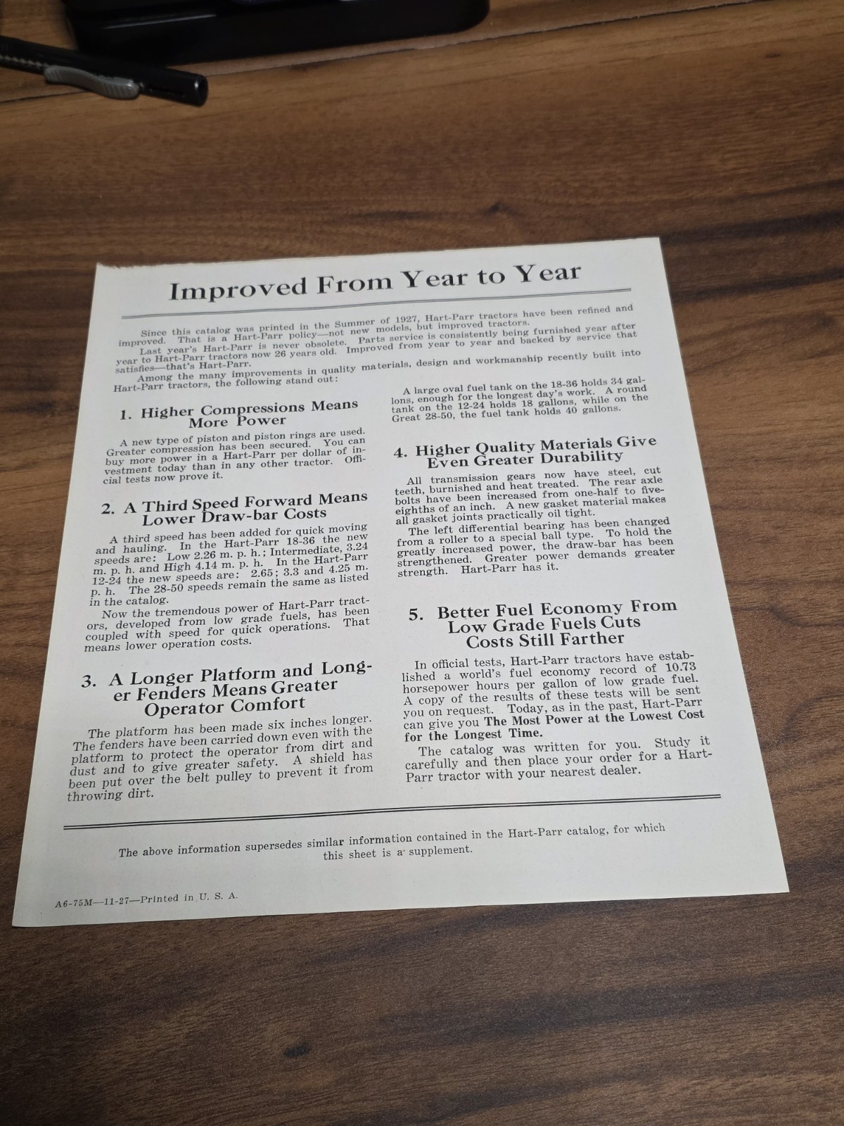 1927 One Page Hart Parr Tractor Sales Flyer A6-75M 11-27