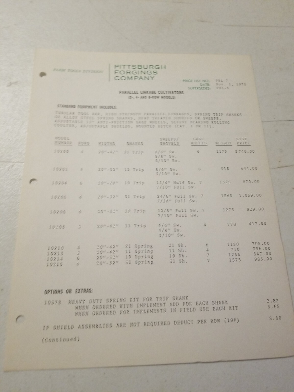 1970 PITTSBURGH FORGINGS CO. Parallel Linkage CULTIVATOR BROCHURE & PRICE LIST