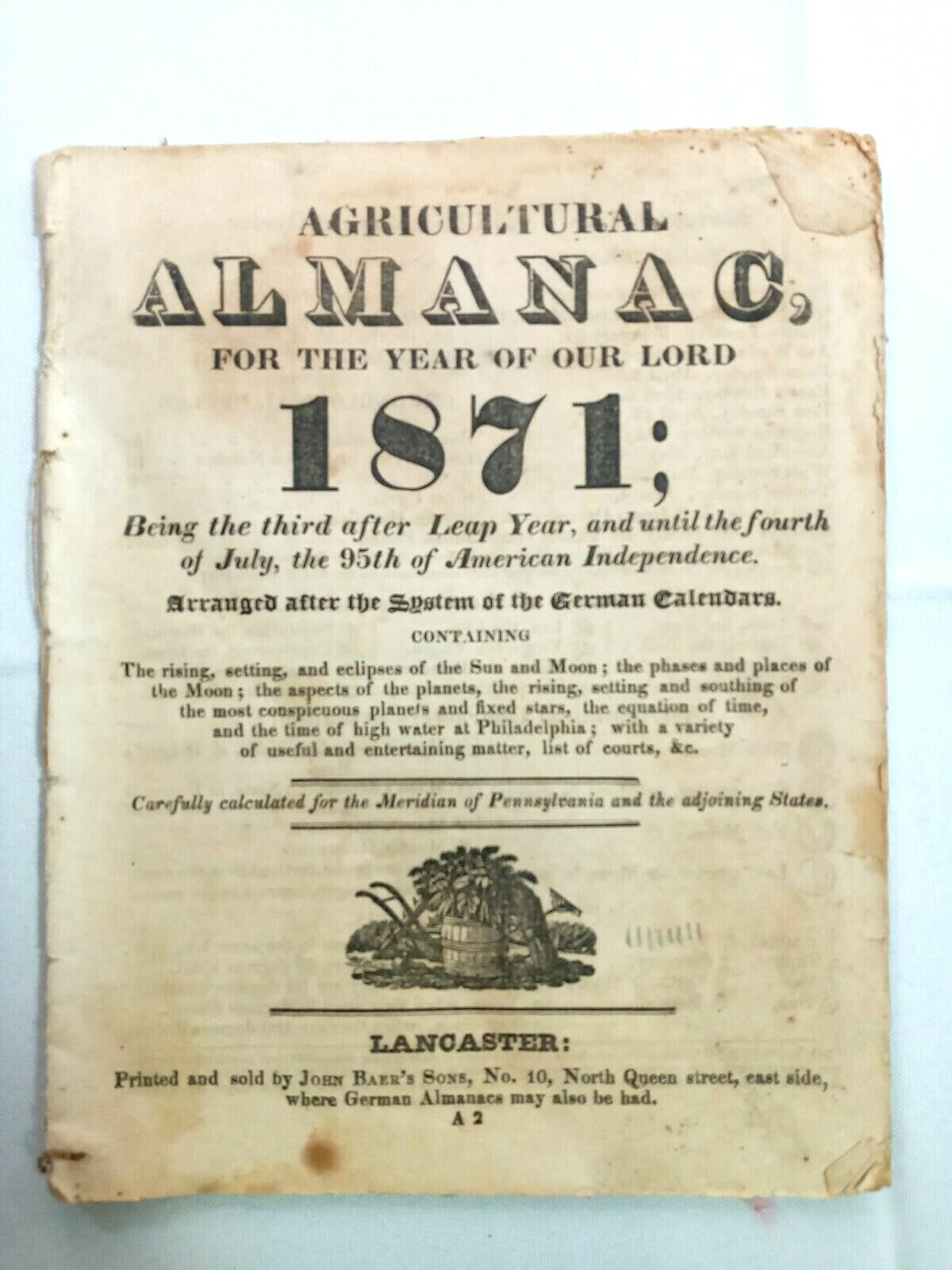 Vintage 1871 John Bear Baer&rsquo;s Agricultural Almanac Lancaster, PA Antique Farmers