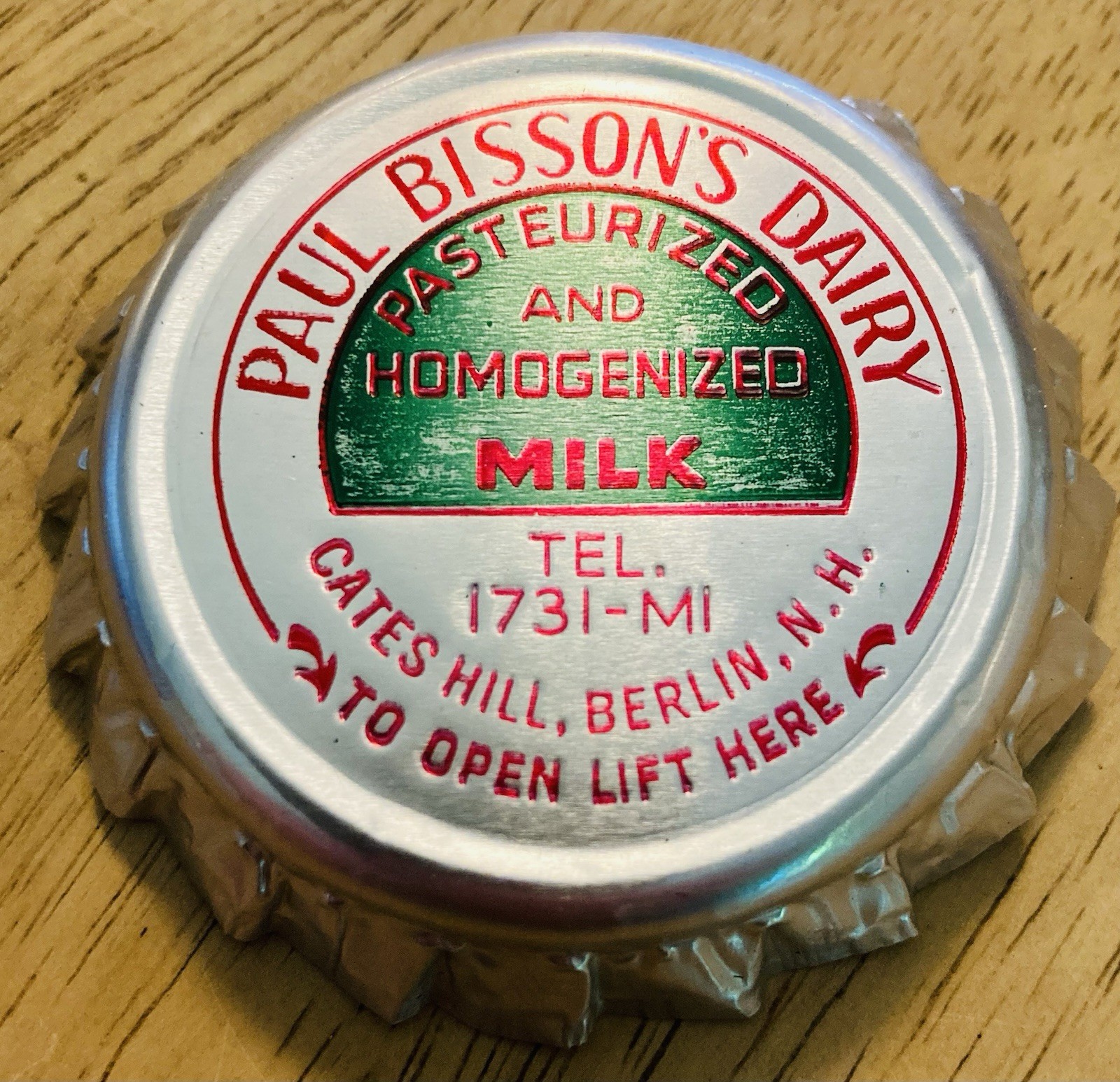 MILK BOTTLE CAP~(6)~PAUL BISSON’S DAIRY, CATES HILL, BERLIN, NH. FOIL MILK CAPS.