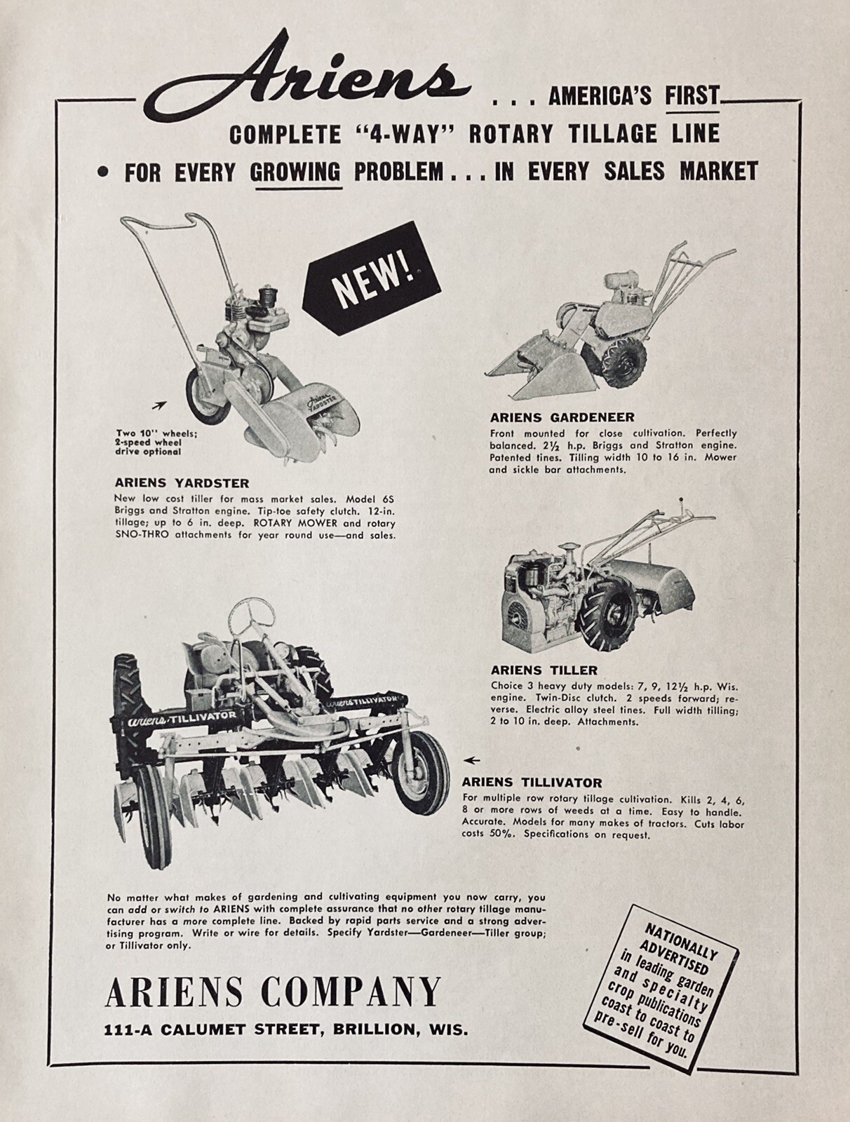 1953 AD.(XH21)~ARIENS CO. BRILLION, WIS. ARIENS ROTARY TILLAGE LINE OF PRODUCTS