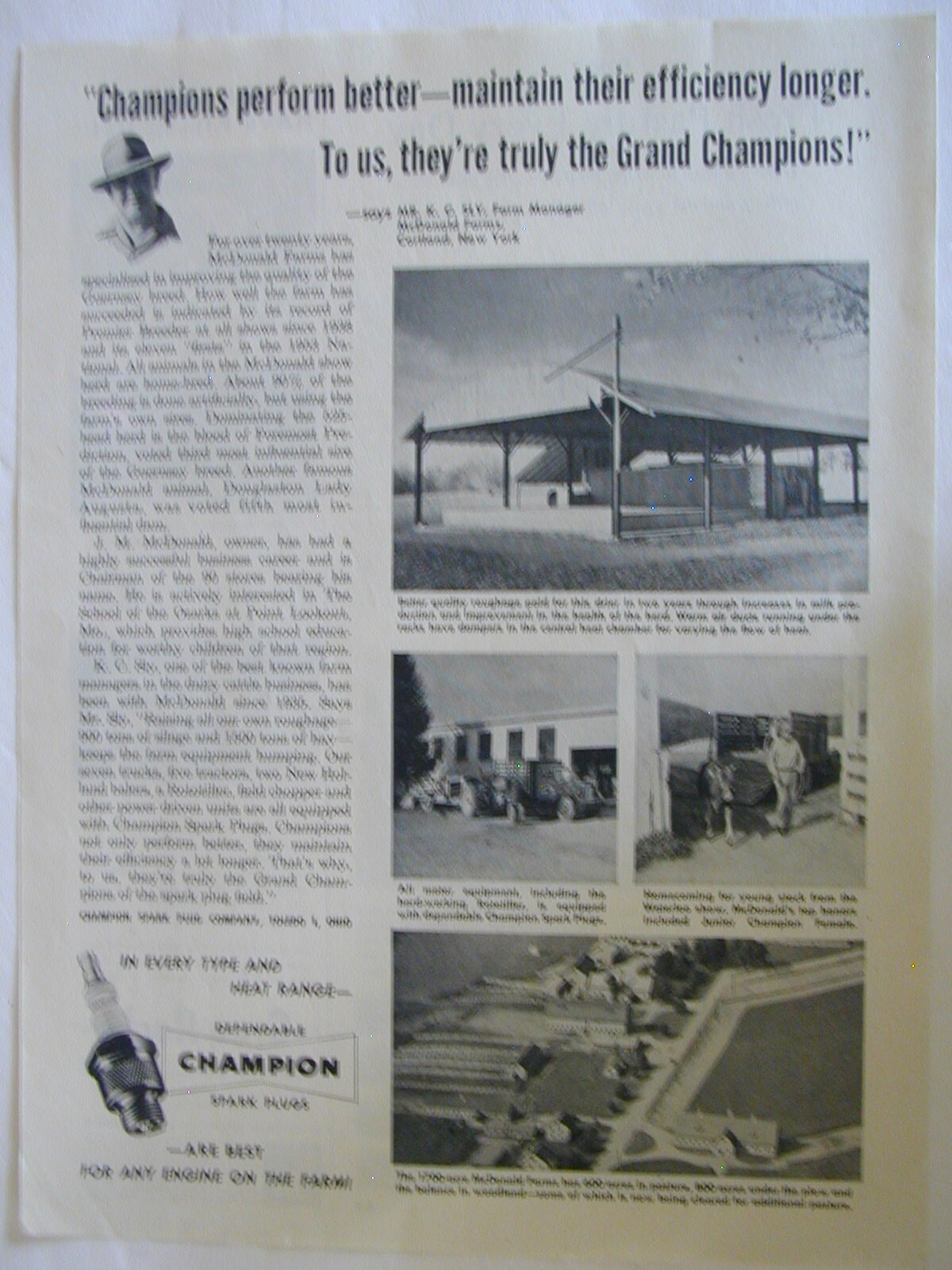1954 CHAMPION SPARK PLUGS FOR ANY ENGINE ON THE FARM Vintage Print AD 48