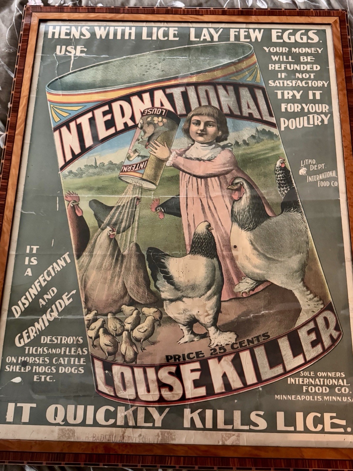 Early 1900’s International Louse Lice Killer Advertising Poster In Maple Frame