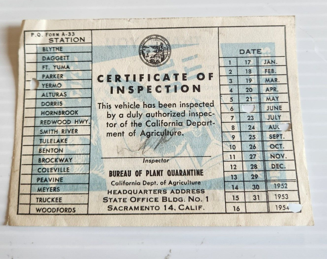 1954 California Certificate of Vehicle Inspection Paper Dept. of Agriculture