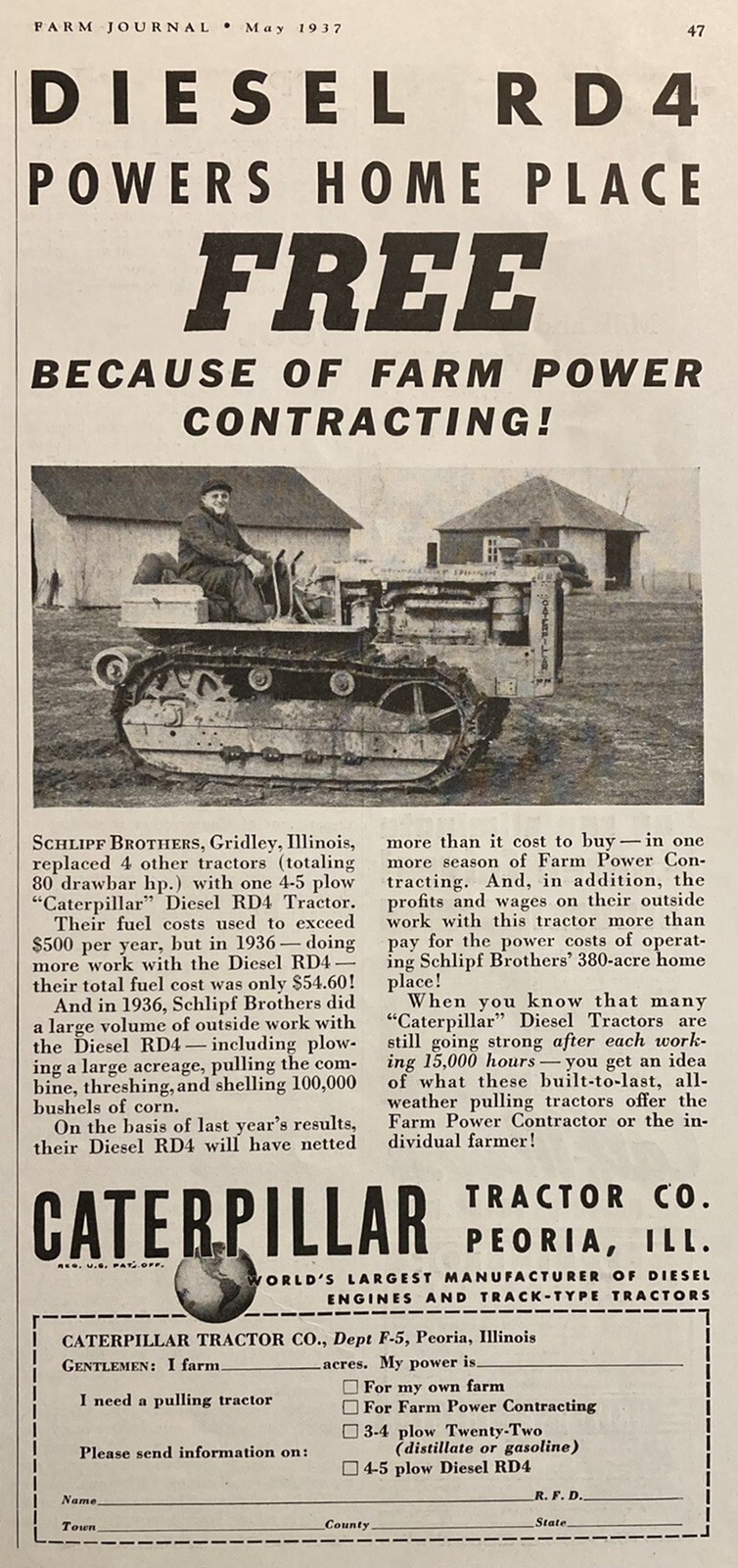 1937 AD.(XH60)~CATERPILLAR TRACTOR CO. PEORIA, ILL. DIESEL RD4 TRACTOR
